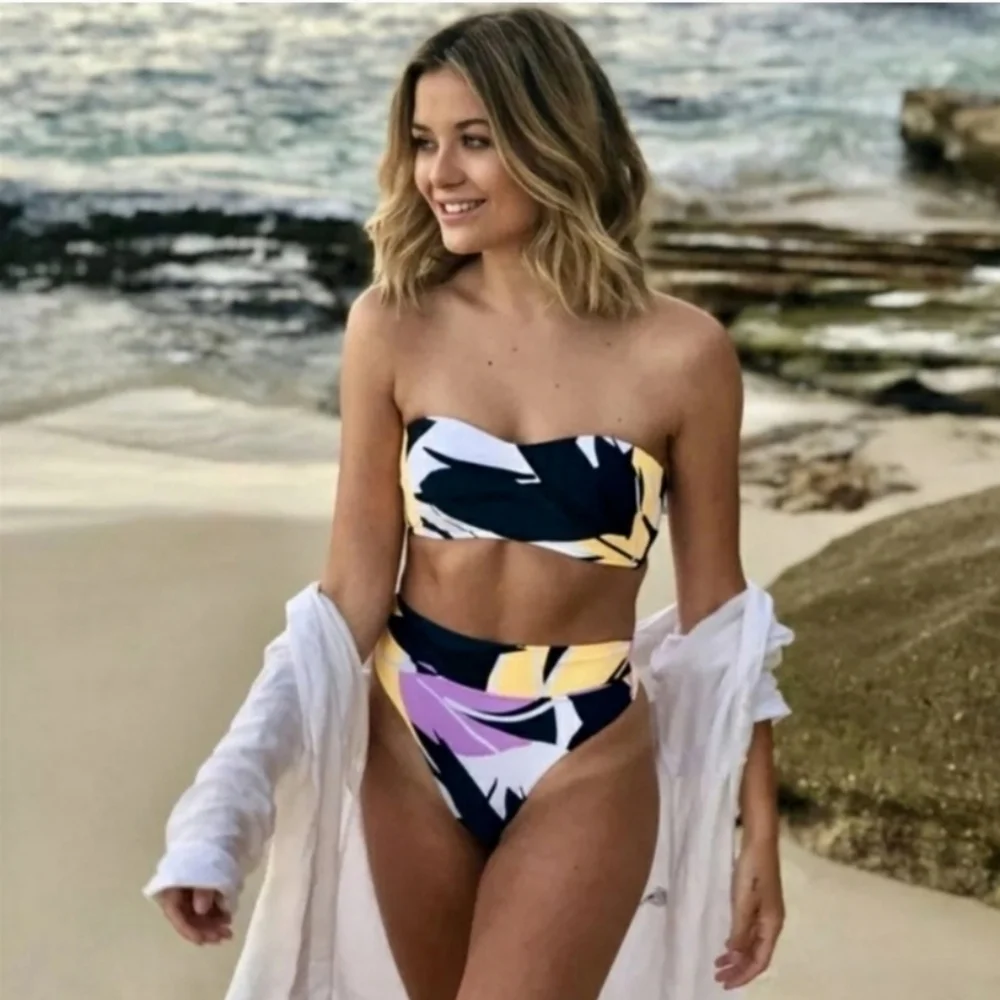 New Black Colorful Bandeau Top High Waist Bikini Set Swimsuit Size M - Picture 2 of 6